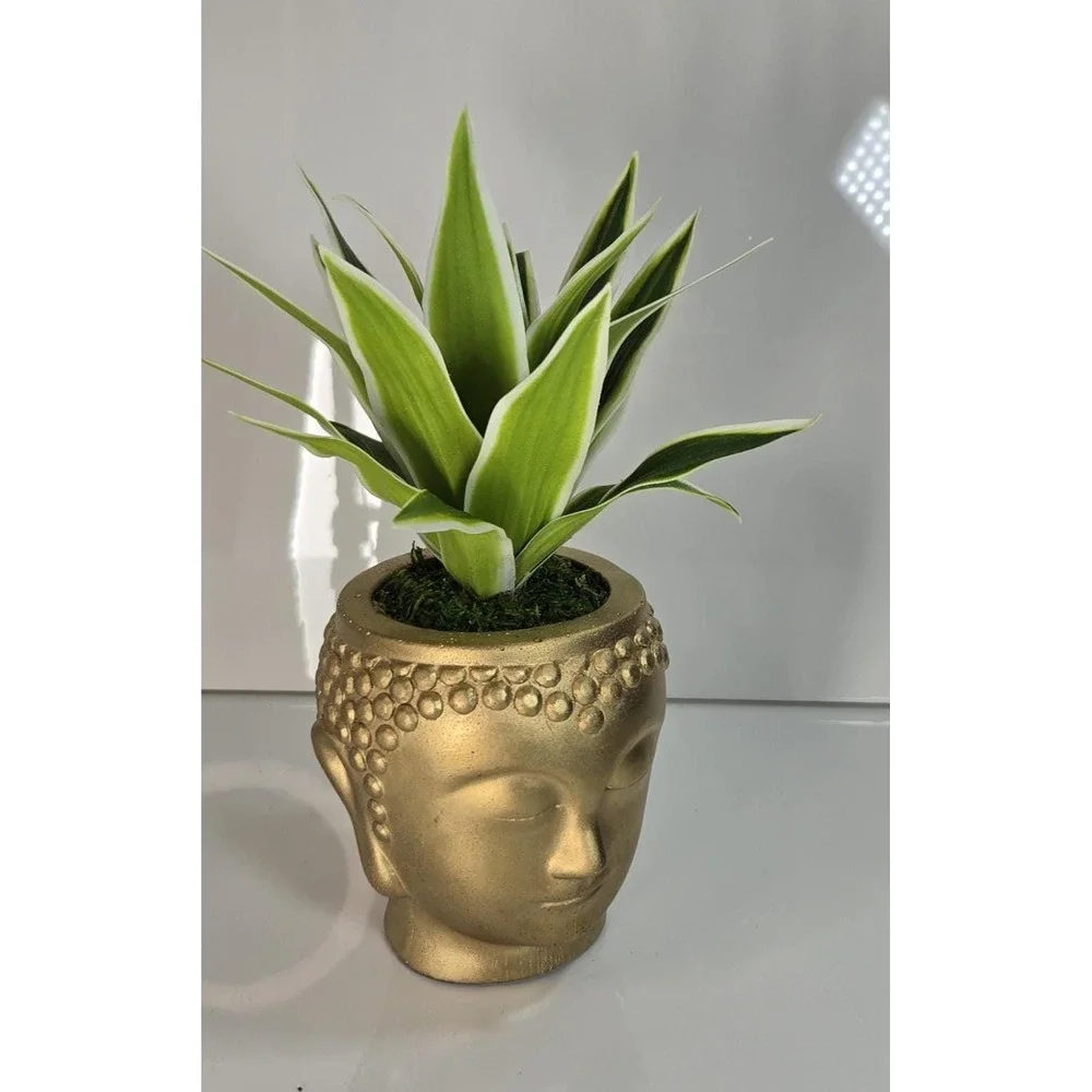 Handmade Faux Snake Plant in Gold Buddha Head Planter | Artificial Plant Decor